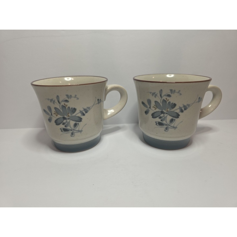 Lot of 2 Noritake 8344 Pleasure Stoneware Mugs Blue Flowers Brown‎ Rim Japan